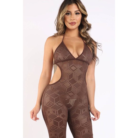 Women's Sexy Lace Cut Out Detailed Halter Jumpsuit Casual Party Club Pullover - Picture 10 of 11